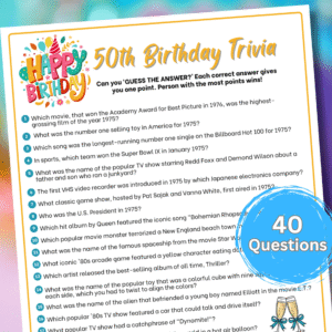 50th Birthday Trivia printable game! Fun milestone party quiz for family & friends. Great for celebrating the big 5-0 in style!