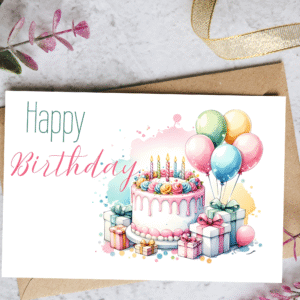 Printable birthday card with cake & balloons design. Instant download, easy to print & perfect for last-minute birthday wishes!