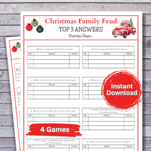 Printable Christmas Family Feud game! Perfect for family parties & holiday fun. Funny questions & answers for kids, teens & adults.