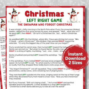 Christmas left right printable game with the snowman who forgot Christmas holiday party game.