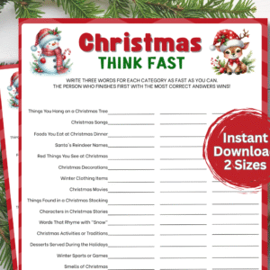 Get ready for fast-paced festive fun! This Christmas Think Fast printable game challenges players to shout out answers before the timer runs out. Perfect for family gatherings, office parties, or Christmas Eve fun. Easy to print and play for all ages!