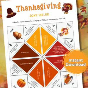 Funny Thanksgiving Joke Teller printable for kids! Easy to fold cootie catcher filled with Thanksgiving jokes for family or classroom fun.