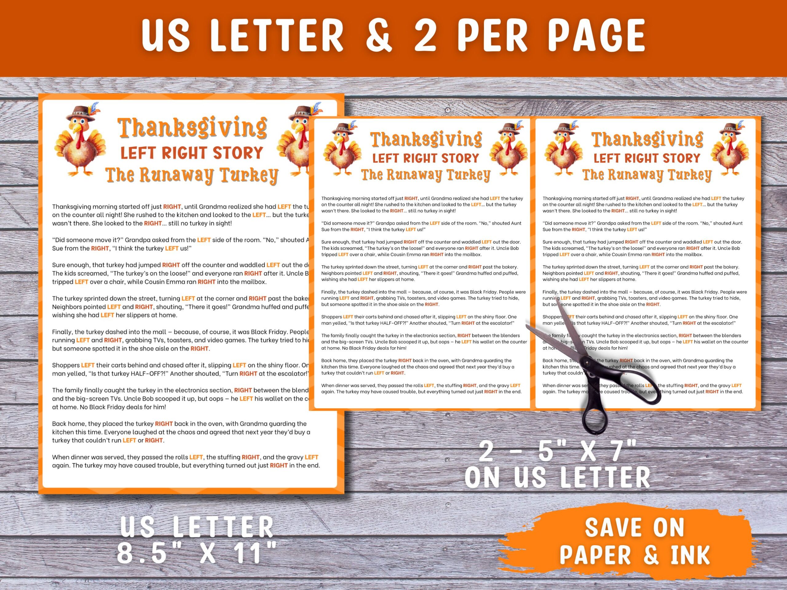 A Thanksgiving left right story printable game for family game night or office parties.