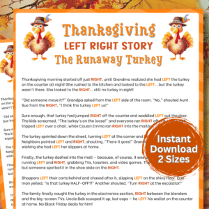 A Thanksgiving left right story printable game for family game night or office parties.