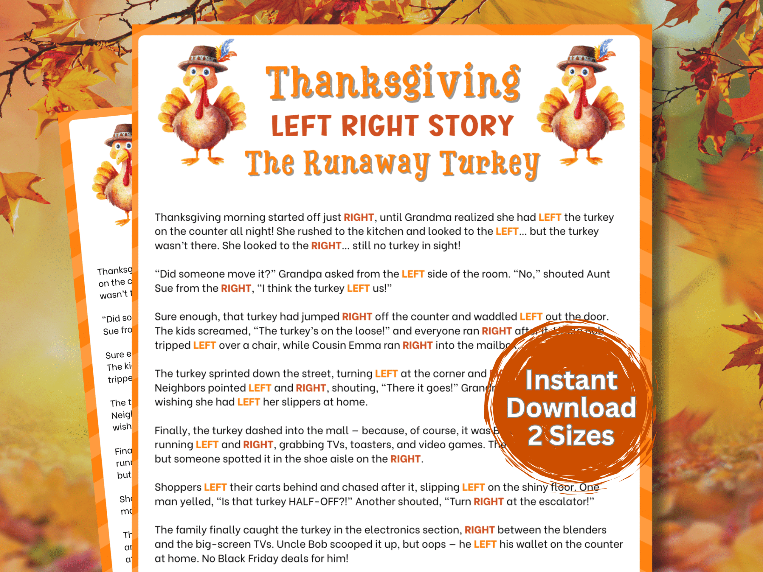 A Thanksgiving left right story printable game for family game night or office parties.