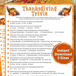 Thanksgiving trivia printable game for holiday fun with family and friends.