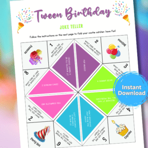 Make birthdays extra fun with this printable Tween Birthday Joke Teller! Filled with silly jokes and bright colors, this cootie catcher is perfect for parties, classrooms, or sleepovers. Easy to print, fold, and play—great birthday entertainment for tweens and kids!