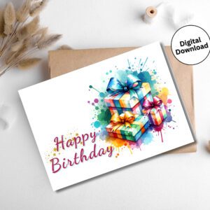 Printable birthday card with colorful presents design. Fun, festive & easy to print for any age. Instant download for quick birthday wishes!