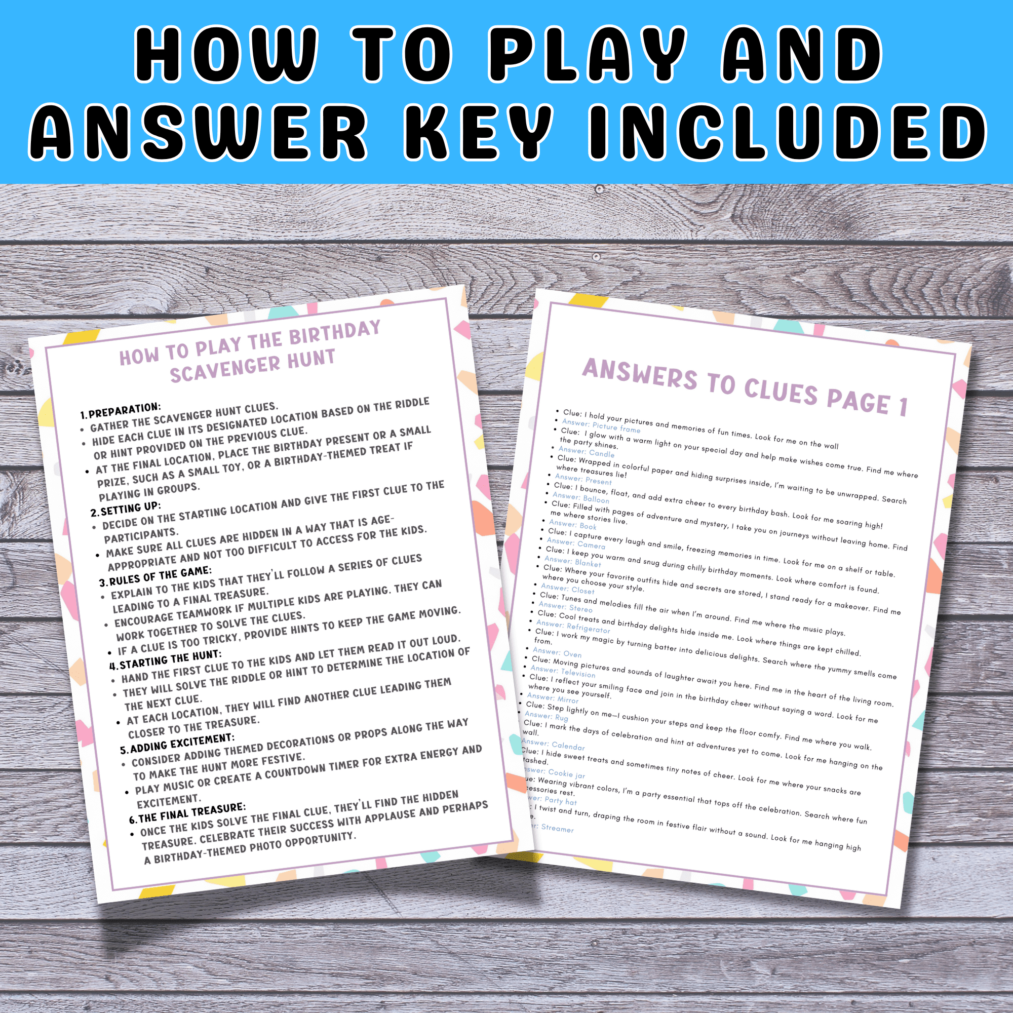 Printable Indoor Birthday Scavenger Hunt clues for kids! Fun rhyming clues to hide gifts & surprises for birthday morning excitement.