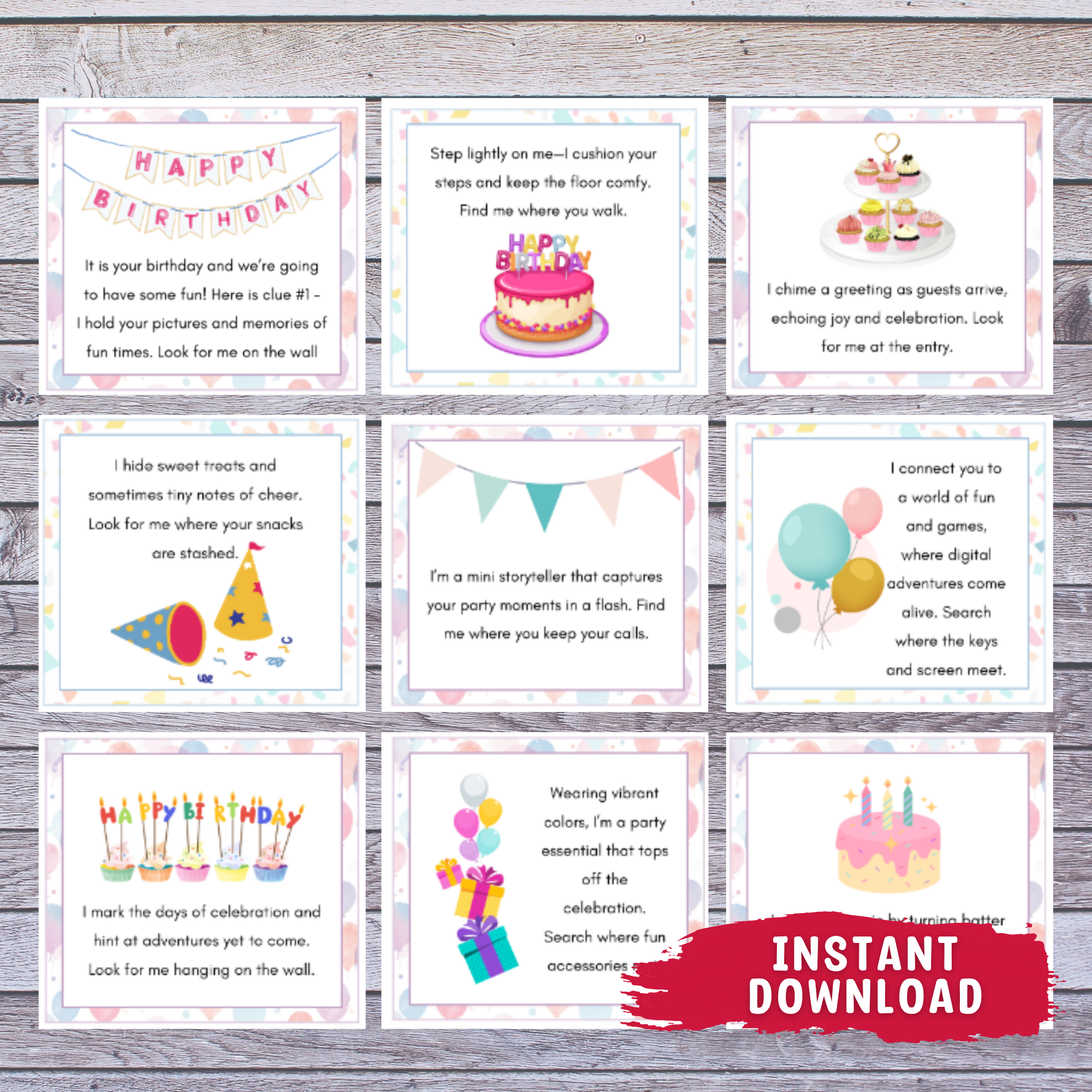 Printable Indoor Birthday Scavenger Hunt clues for kids! Fun rhyming clues to hide gifts & surprises for birthday morning excitement.