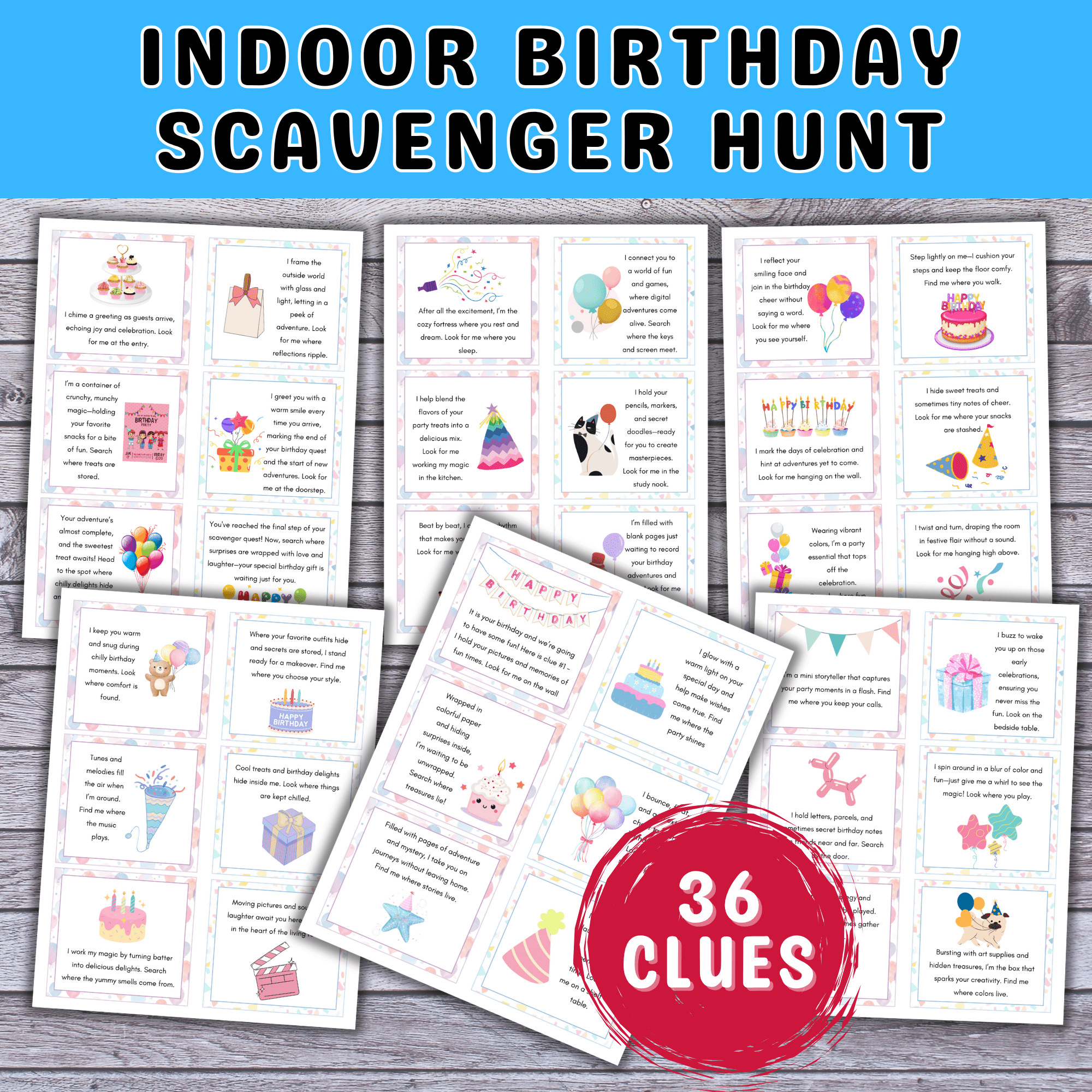 Printable Indoor Birthday Scavenger Hunt clues for kids! Fun rhyming clues to hide gifts & surprises for birthday morning excitement.