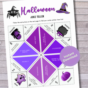 Add spooky fun to Halloween with this purple Halloween Joke Teller! A printable cootie catcher filled with kid-friendly Halloween jokes. Great for classroom parties, trick-or-treat fun, or family game night. Easy to print and fold!
