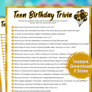 Fun Teen Birthday Trivia printable game! Perfect for parties, teens, and family nights. Download, print & play this quiz full of birthday fun.