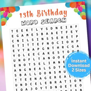 Fun 13th Birthday Word Search printable for teens & tweens! Perfect for parties, classrooms & birthday fun. Instant download game.