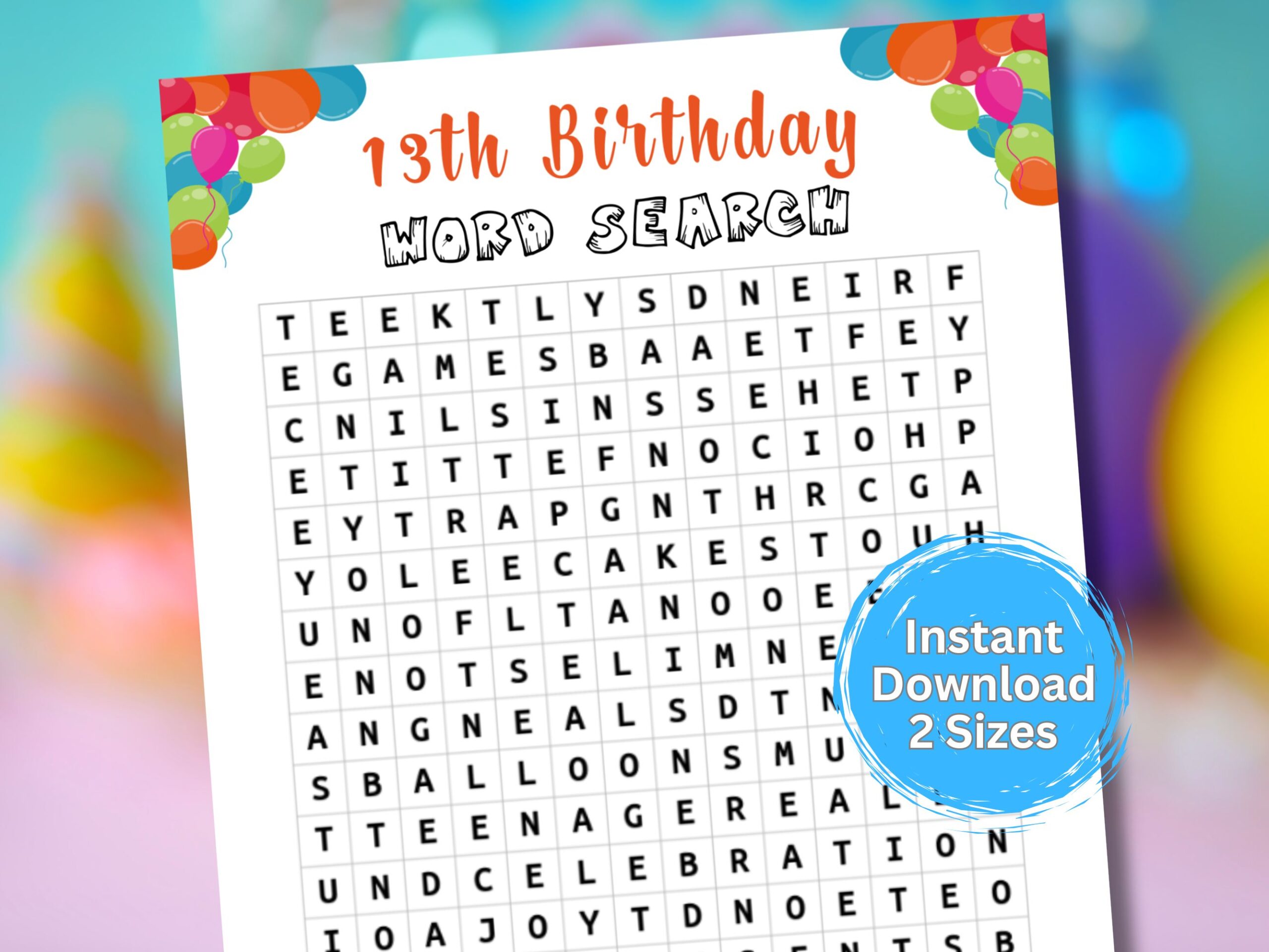 Fun 13th Birthday Word Search printable for teens & tweens! Perfect for parties, classrooms & birthday fun. Instant download game.