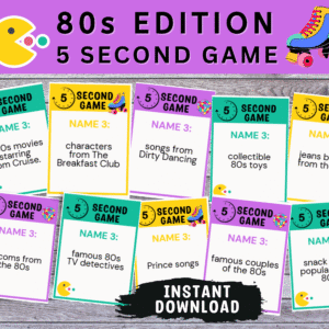 Printable 1980s 5 Second Game. Fun retro 80s party activity and fast-paced trivia game. Instant PDF download.