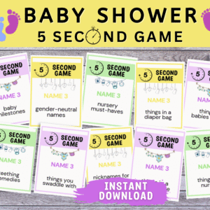 Printable Baby Shower 5 Second Game. Fun, fast-paced icebreaker for baby showers and gender reveal parties. Instant PDF download.