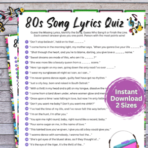 Bring the ultimate blast-from-the-past fun to your party with this 80s Finish The Lyrics Quiz! Perfect for 80s theme parties, birthdays, retro events, game nights, family gatherings, and workplace fun, this game challenges players to match iconic 1980s lyrics to their hit songs.