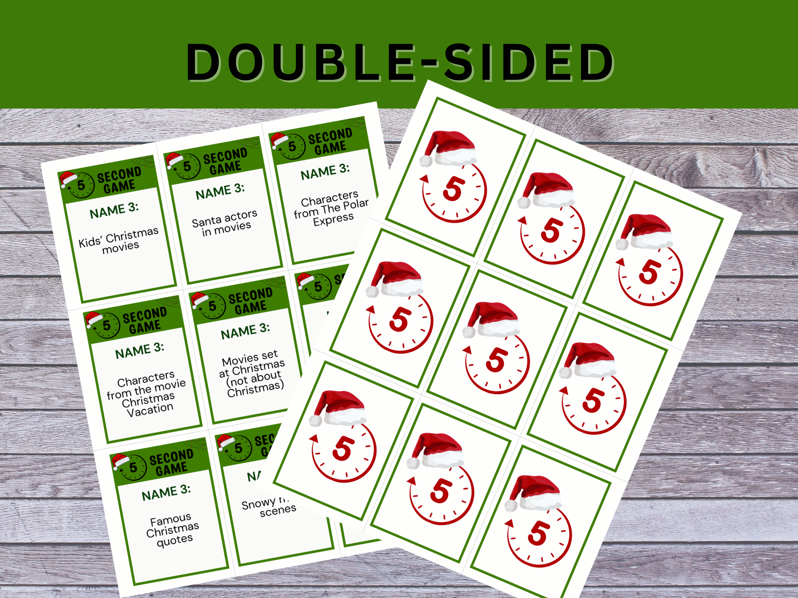 Printable Christmas 5 Second Game. Fun fast-paced holiday party game for families, kids, and office events. Instant PDF download.