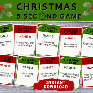 Printable Christmas 5 Second Game. Fun fast-paced holiday party game for families, kids, and office events. Instant PDF download.