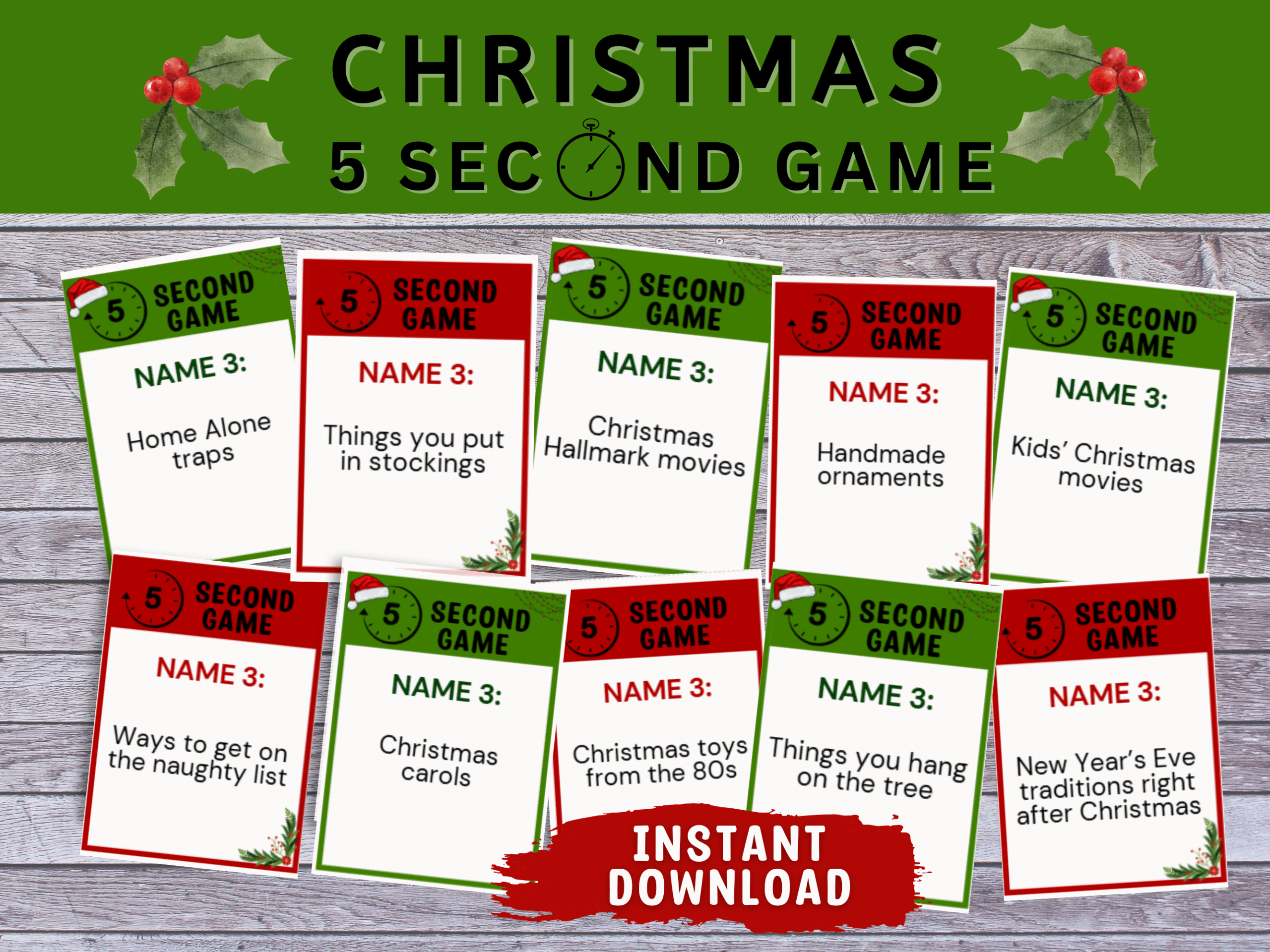 Printable Christmas 5 Second Game. Fun fast-paced holiday party game for families, kids, and office events. Instant PDF download.