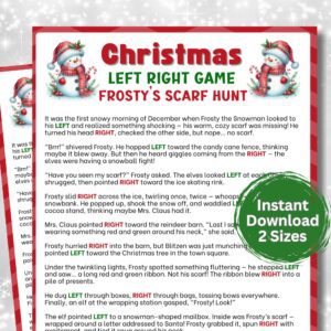 Join the winter adventure in Frosty’s Scarf Hunt Left Right Game! Players pass gifts left and right while following this funny holiday story. Great for kids, families, classrooms, and festive Christmas parties. Easy to print and play!