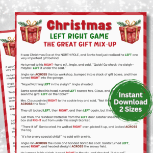 The Great Gift Mix-Up Left Right Game! Funny printable Christmas gift exchange story for families, coworkers & holiday parties.