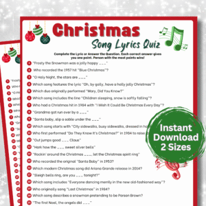 Printable Christmas Song Lyrics Quiz. Fun holiday music trivia game for parties, families, and classrooms. Includes answer key. Instant PDF download.