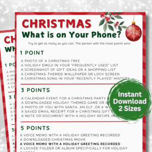 Make your holiday party extra fun with this Christmas What’s On Your Phone? Printable Game! Guests score points by checking off festive items, photos, apps, and Christmas-themed tasks found on their phone. It’s the perfect icebreaker for family gatherings, office parties, classroom celebrations, and Christmas events.