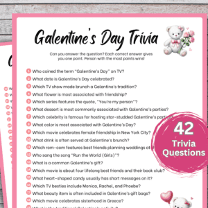 Close-up of a Galentine's Day Trivia printable game with 42 questions for teens and adults.