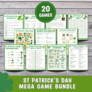 St Patricks Day printable game bundle for kids and adults to enjoy.