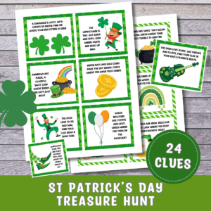 St Patrick's Day Treasure Hunt Printable indoor game in green colors to represent St. Patrick's Day.