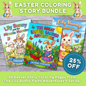A close-up of three colorful Lily Bunny Easter coloring story bundle books with a 25% discount off sign.