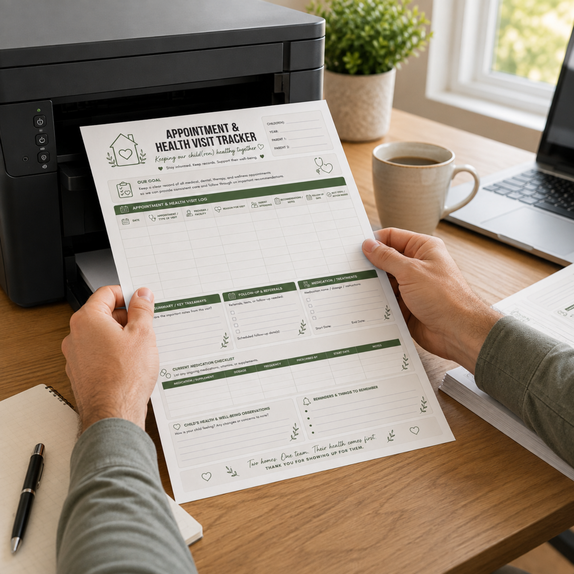 Hands holding a freshly printed Appointment and Health Visit Tracker page from the Co-Parenting Tracker printable set