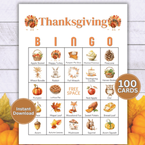 Printable Thanksgiving Bingo card with watercolor turkey, pumpkin pie, acorn, and fall harvest images, part of a 100 card instant download set