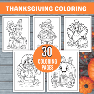 Thanksgiving Coloring Pages Printable: Thanksgiving coloring pages printable featuring a child holding corn, a scarecrow with pumpkins, a pilgrim turkey, a football-playing turkey, and a whimsical pumpkin house.