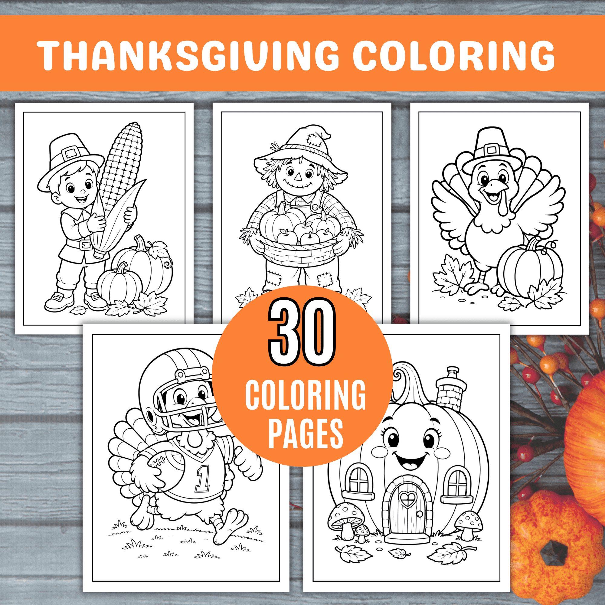 Thanksgiving Coloring Pages Printable: Thanksgiving coloring pages printable featuring a child holding corn, a scarecrow with pumpkins, a pilgrim turkey, a football-playing turkey, and a whimsical pumpkin house.