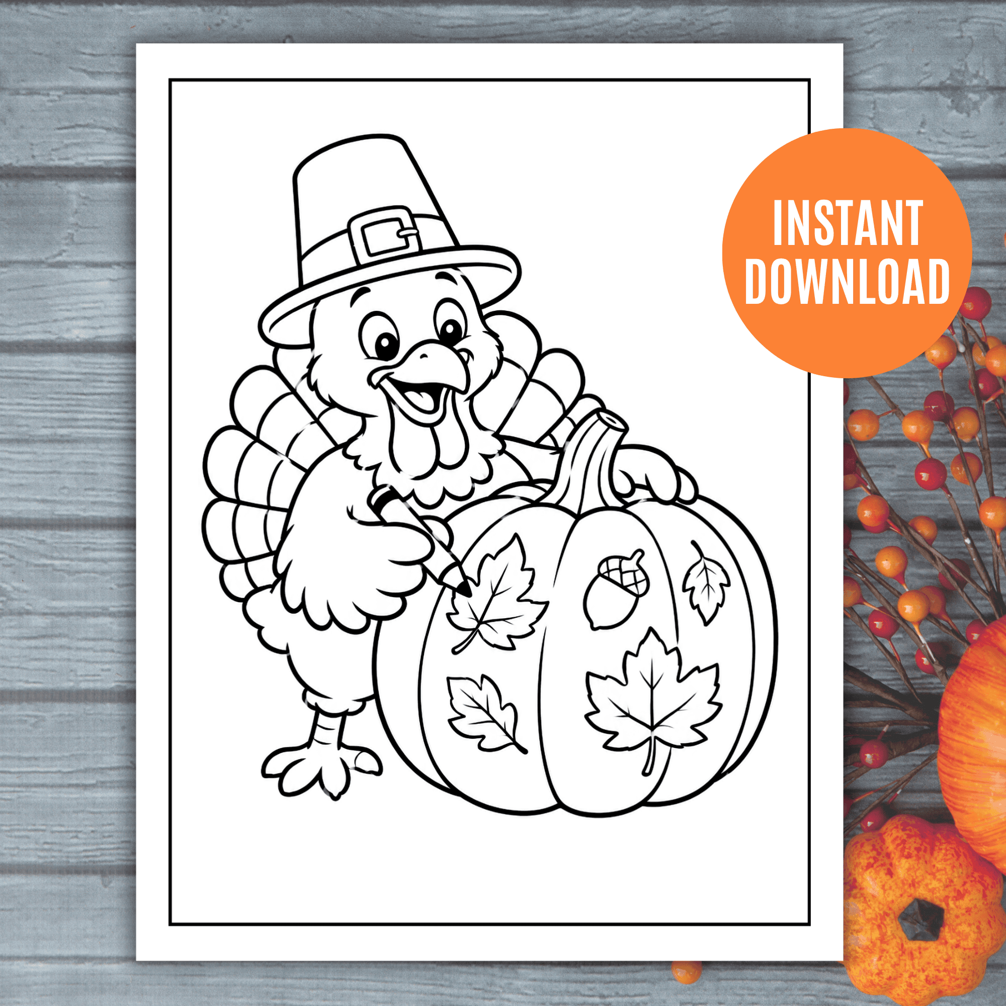 Thanksgiving Coloring Sheets for Kids: Thanksgiving coloring sheet featuring a cheerful turkey wearing a pilgrim hat and painting autumn leaves and an acorn onto a large pumpkin.