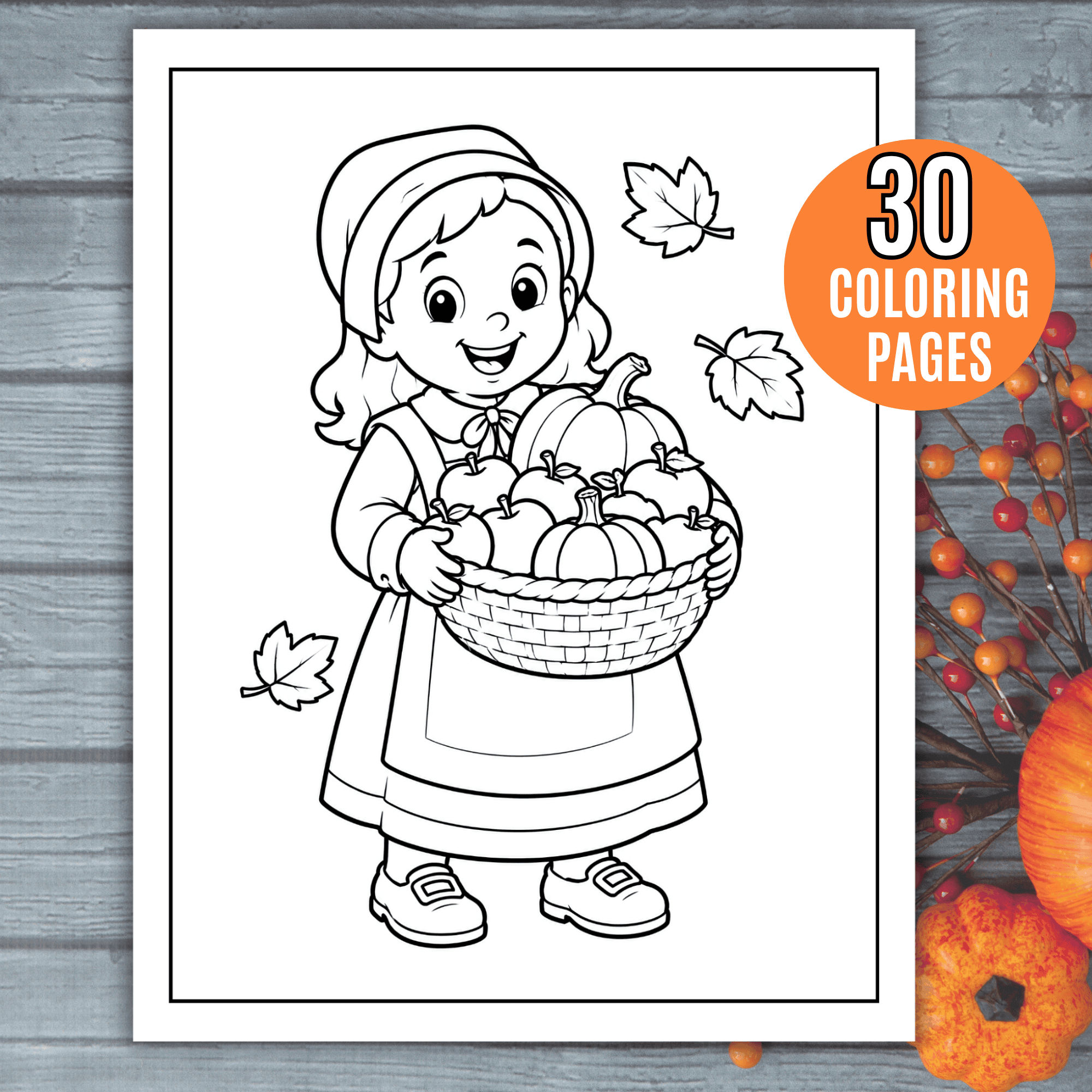 Thanksgiving Coloring Sheets: Thanksgiving coloring sheet featuring a cheerful young girl in a pilgrim-style outfit holding a basket filled with pumpkins and apples, surrounded by autumn leaves.