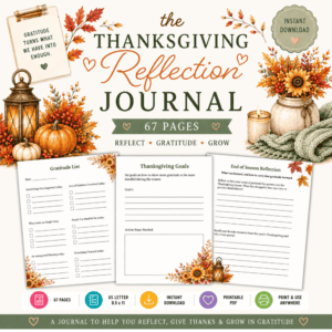 The Thanksgiving Reflection Journal printable cover graphic with gratitude quote, fall pumpkin and lantern decor, 67 page instant download PDF planner