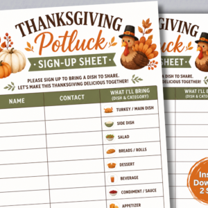 Close up of printable Thanksgiving Potluck sign up sheet with turkey and pumpkin watercolor design, instant download badge for two size options