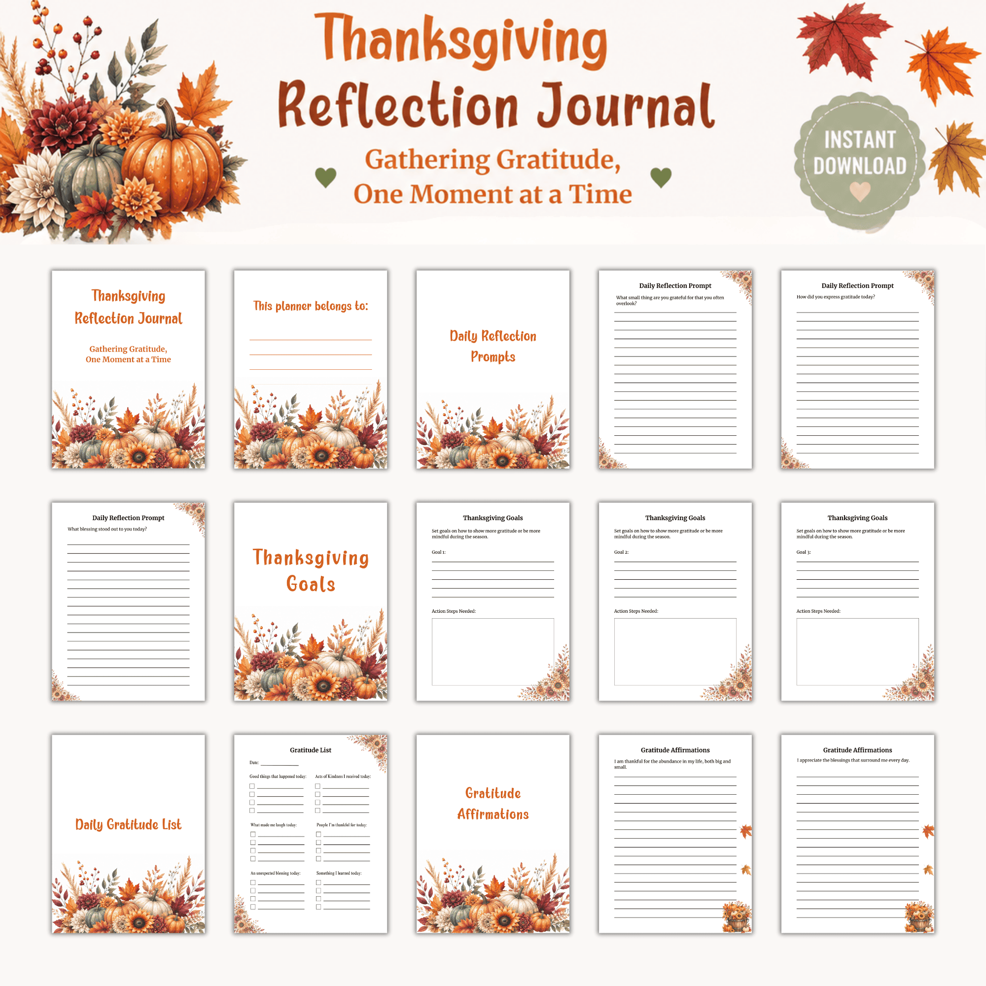Printable Thanksgiving Reflection Journal mockup with cover page, daily reflection prompts, gratitude list, and Thanksgiving goals pages in a fall watercolor design