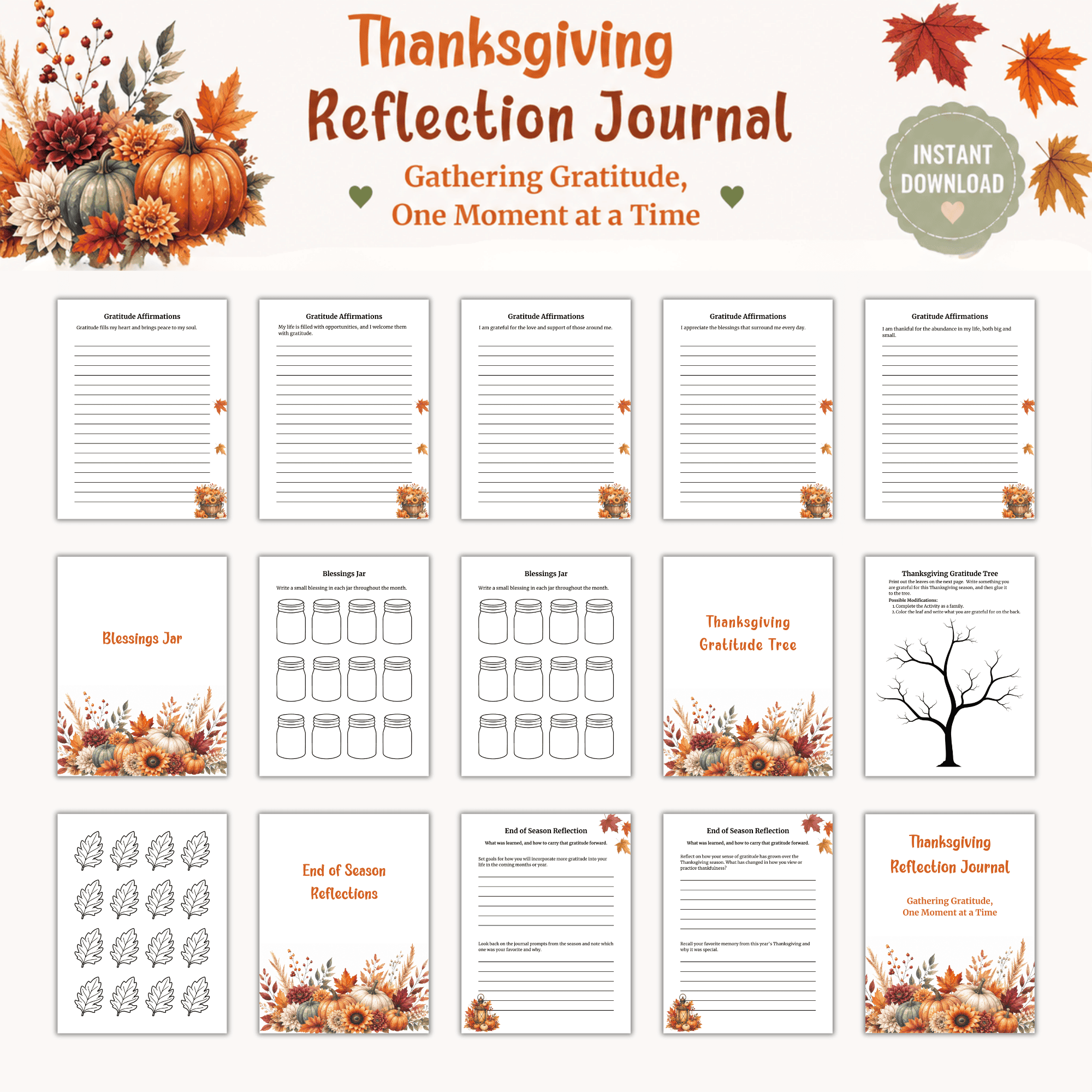 Thanksgiving Reflection Journal printable pages showing gratitude affirmations, blessings jar, gratitude tree activity, and end of season reflection prompts