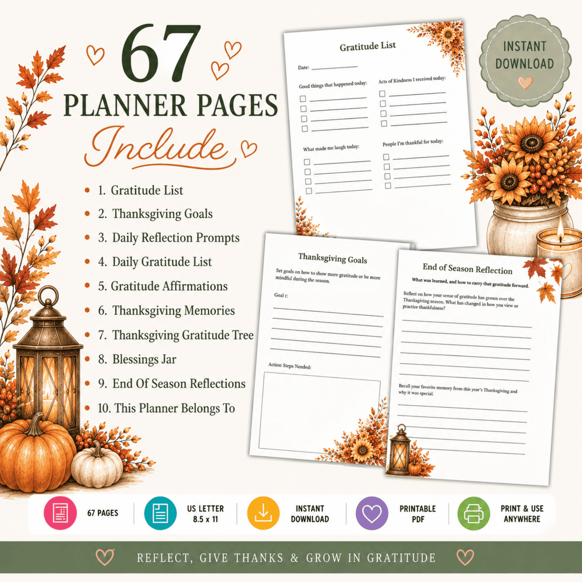 Thanksgiving Reflection Journal printable listing graphic listing 67 planner pages including gratitude list, goals, and end of season reflection, instant download PDF