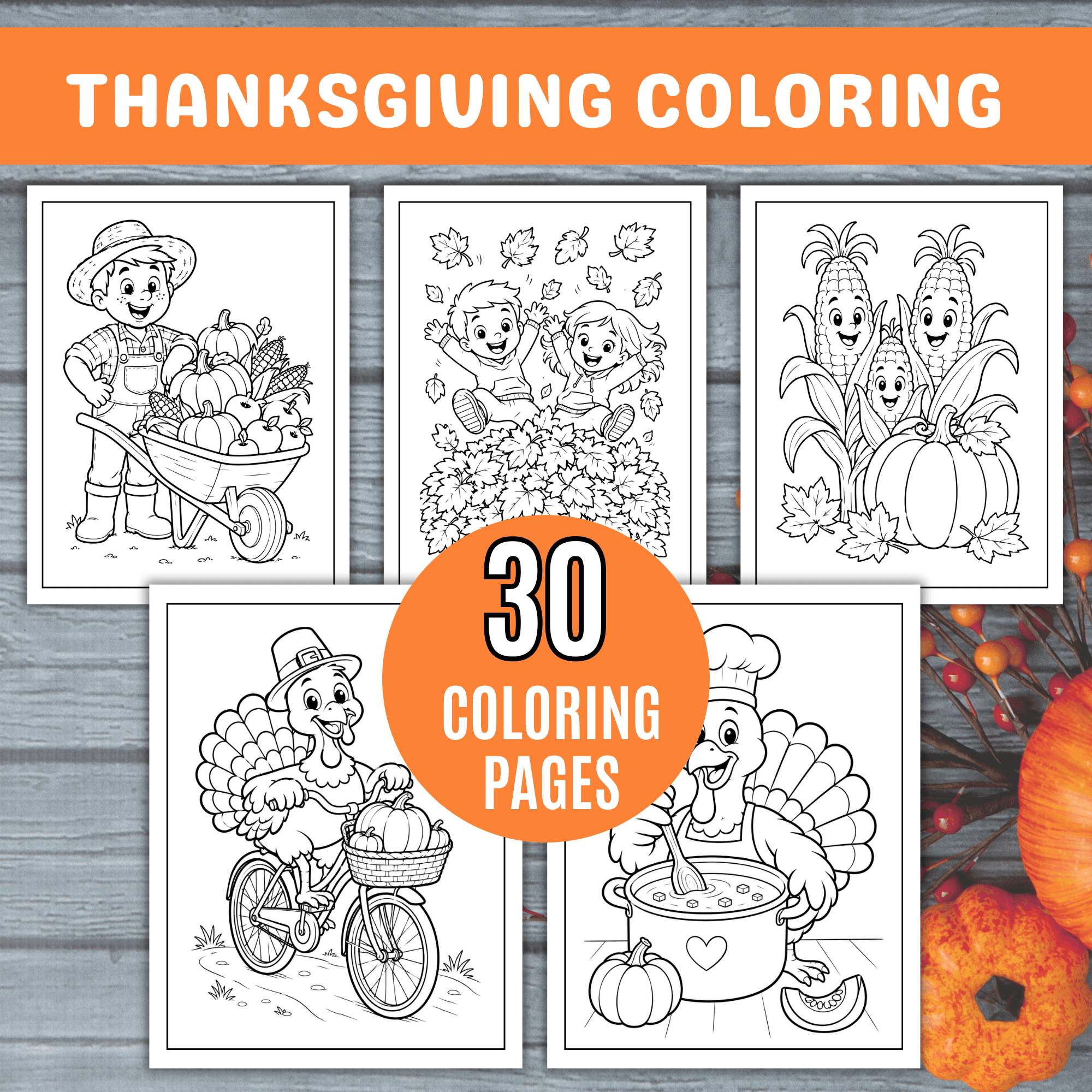Printable Thanksgiving Coloring Pages: Thanksgiving coloring pages for kids featuring a boy with a wheelbarrow of vegetables, children playing in leaves, corn characters, a turkey riding a bicycle, and a turkey cooking.