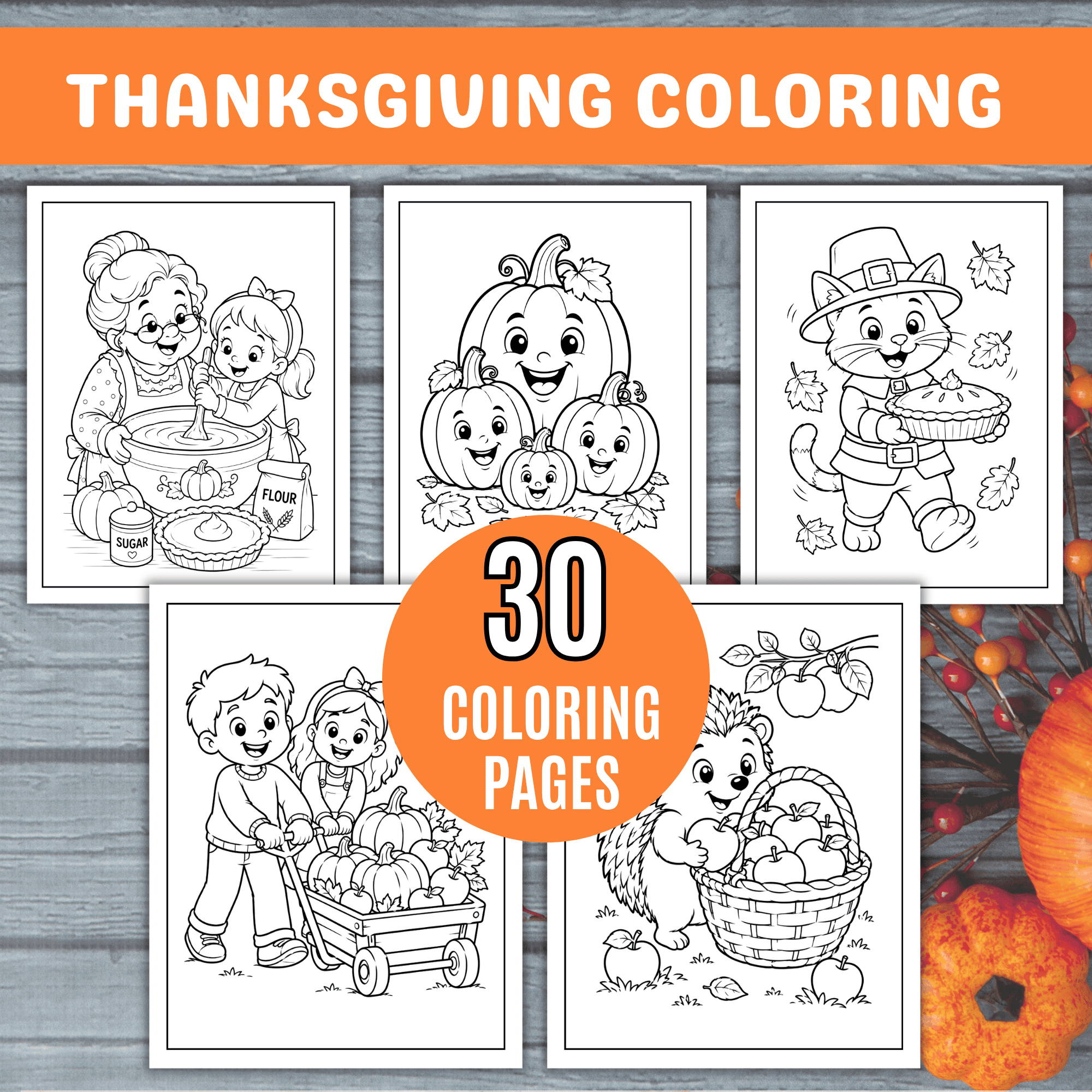 Printable Thanksgiving Coloring Sheets: Thanksgiving coloring sheets for kids featuring a grandmother and child baking, smiling pumpkins, a pilgrim cat carrying pie, children collecting pumpkins, and a hedgehog with an apple basket.