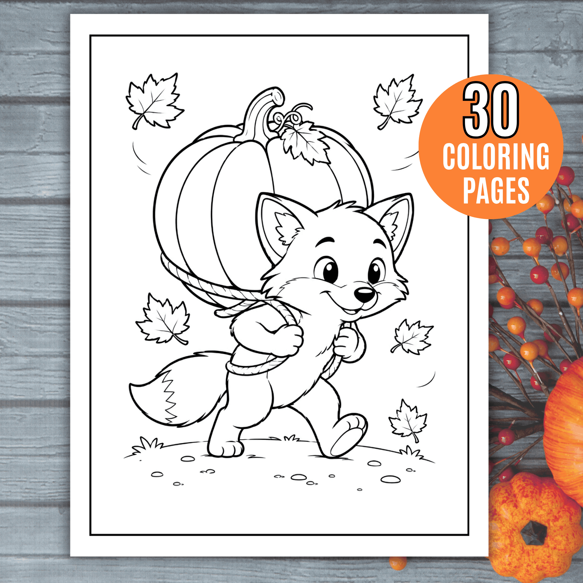 Thanksgiving Coloring Pages for Kids: Cute Thanksgiving coloring page featuring a cheerful fox carrying a large pumpkin through an autumn scene with falling maple leaves.