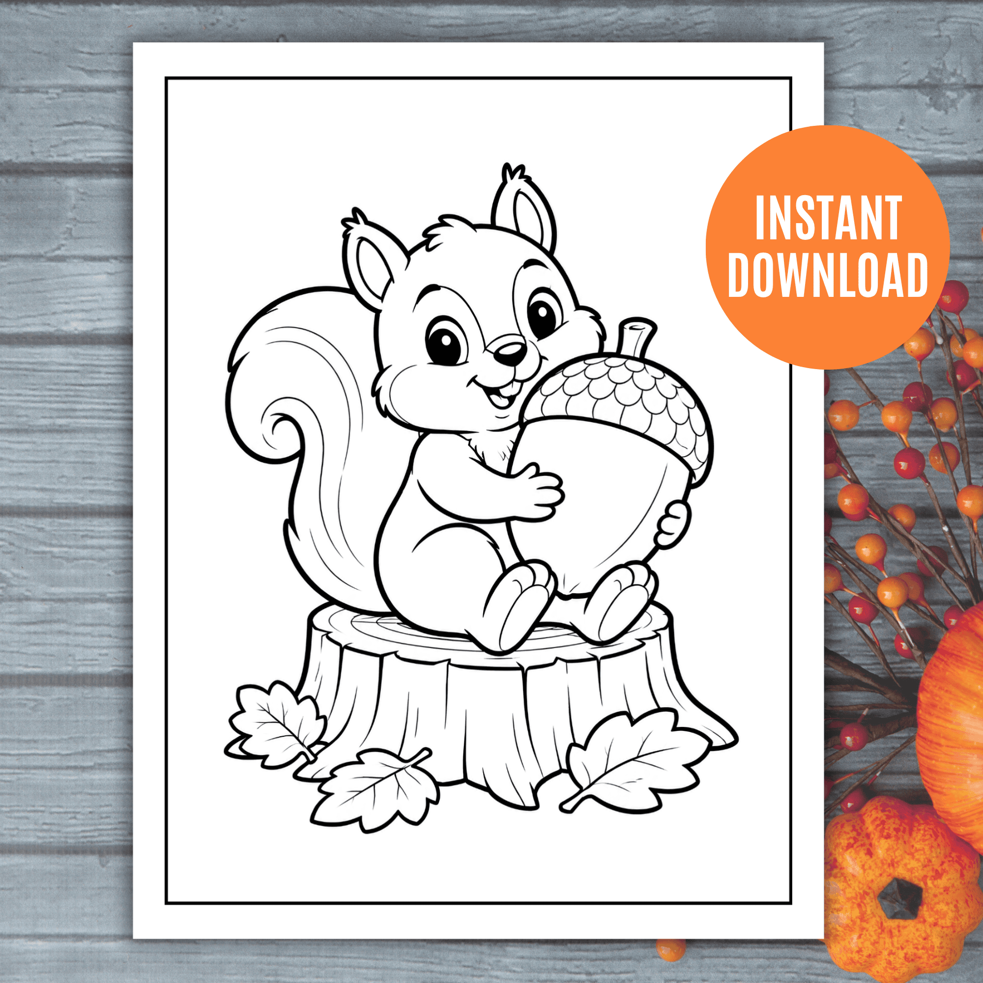 Thanksgiving Coloring Sheets PDF: Cute Thanksgiving coloring sheet featuring a smiling squirrel sitting on a tree stump and holding a large acorn surrounded by autumn leaves.