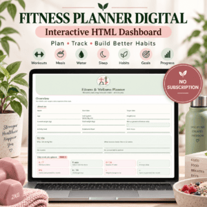 Interactive digital fitness and wellness planner dashboard shown on a laptop