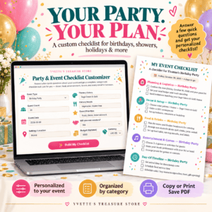 Party Planning Checklist displayed on a laptop with a personalized event checklist, highlighting customizable planning, organized categories, and the option to copy or print the checklist.